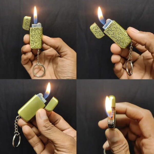 JPack Flower Print Metal Finish Windproof Refillable Cigarette Pocket Lighter with Key Chain (Golden) - Image 3