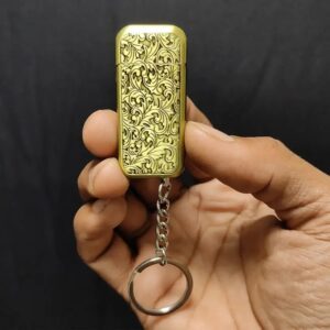 JPack Flower Print Metal Finish Windproof Refillable Cigarette Pocket Lighter with Key Chain (Golden)