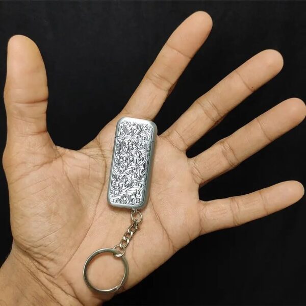 JPack Flower Print Metal Finish Windproof Refillable Cigarette Pocket Lighter with Key Chain (Silver) - Image 2