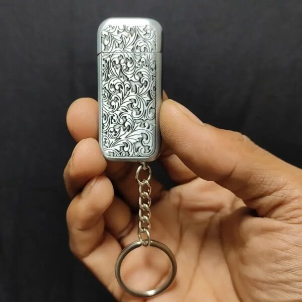JPack Flower Print Metal Finish Windproof Refillable Cigarette Pocket Lighter with Key Chain (Silver) - Image 4