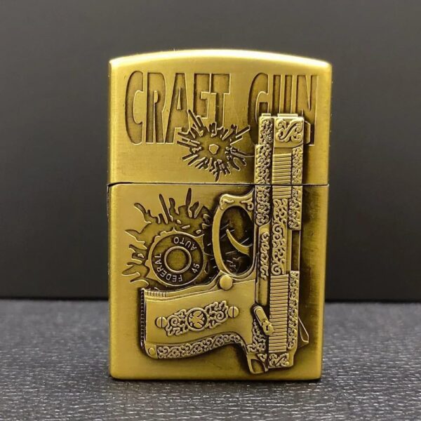JPack Gun Print Windproof Refillable Cigarette Pocket Lighter with Metal Finish (Golden)