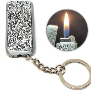 JPack Flower Print Metal Finish Windproof Refillable Cigarette Pocket Lighter with Key Chain (Silver)