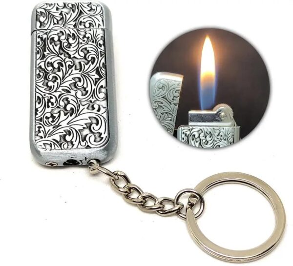 JPack Flower Print Metal Finish Windproof Refillable Cigarette Pocket Lighter with Key Chain (Silver)