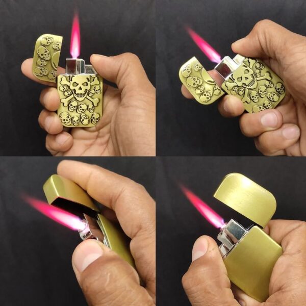 JPack Skull Print Windproof Refillable Cigarette Pocket Lighter with Metal Finish (Golden) - Image 2