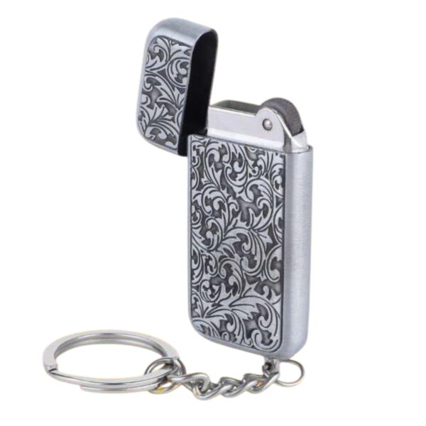 JPack Flower Print Metal Finish Windproof Refillable Cigarette Pocket Lighter with Key Chain (Silver) - Image 5