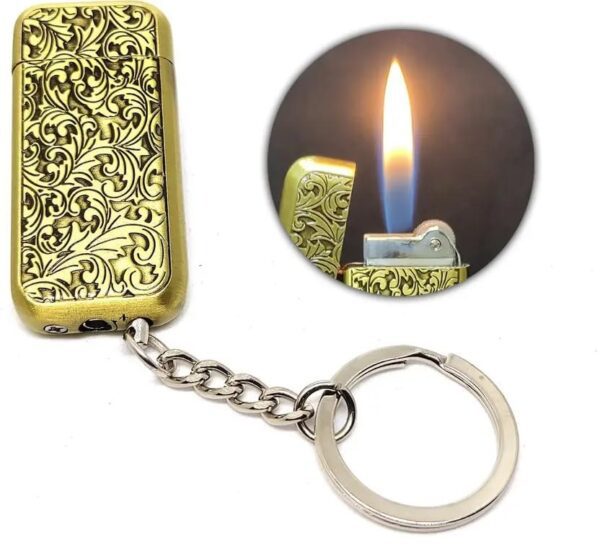 JPack Flower Print Metal Finish Windproof Refillable Cigarette Pocket Lighter with Key Chain (Golden) - Image 7