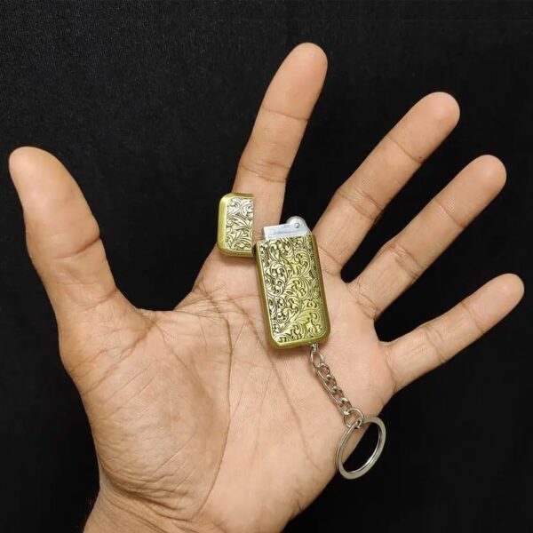 JPack Flower Print Metal Finish Windproof Refillable Cigarette Pocket Lighter with Key Chain (Golden) - Image 4