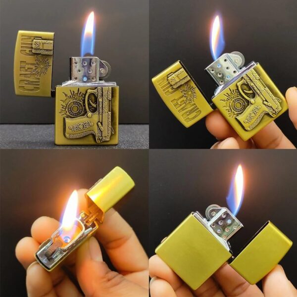 JPack Gun Print Windproof Refillable Cigarette Pocket Lighter with Metal Finish (Golden) - Image 2
