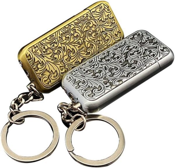 JPack Flower Print Metal Finish Windproof Refillable Cigarette Pocket Lighter with Key Chain (Golden) - Image 2