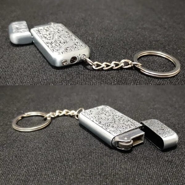 JPack Flower Print Metal Finish Windproof Refillable Cigarette Pocket Lighter with Key Chain (Silver) - Image 3
