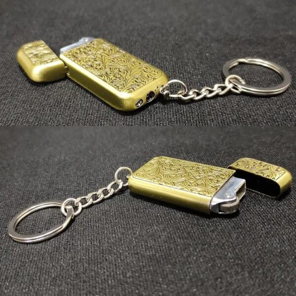 JPack Flower Print Metal Finish Windproof Refillable Cigarette Pocket Lighter with Key Chain (Golden) - Image 5