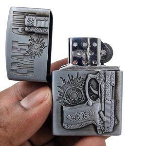 JPack Gun Print Windproof Refillable Cigarette Pocket Lighter with Metal Finish (Silver)
