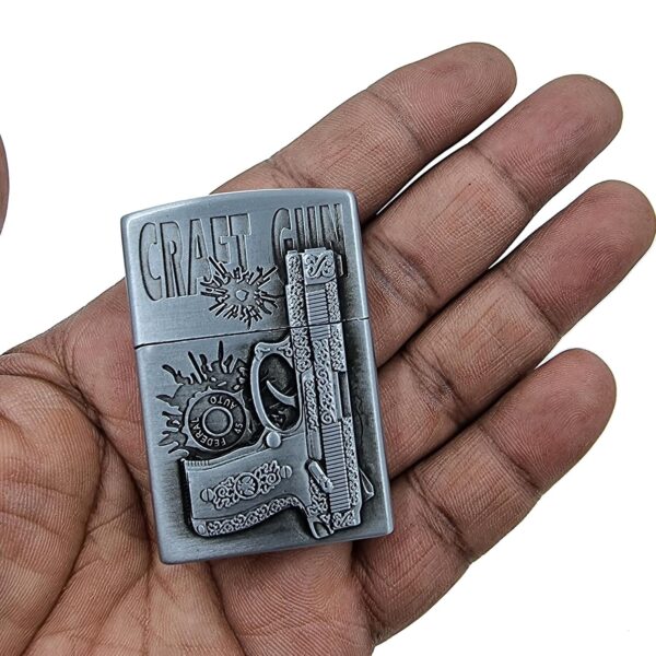 JPack Gun Print Windproof Refillable Cigarette Pocket Lighter with Metal Finish (Silver) - Image 4