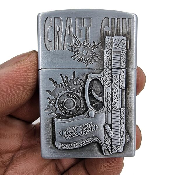 JPack Gun Print Windproof Refillable Cigarette Pocket Lighter with Metal Finish (Silver) - Image 2